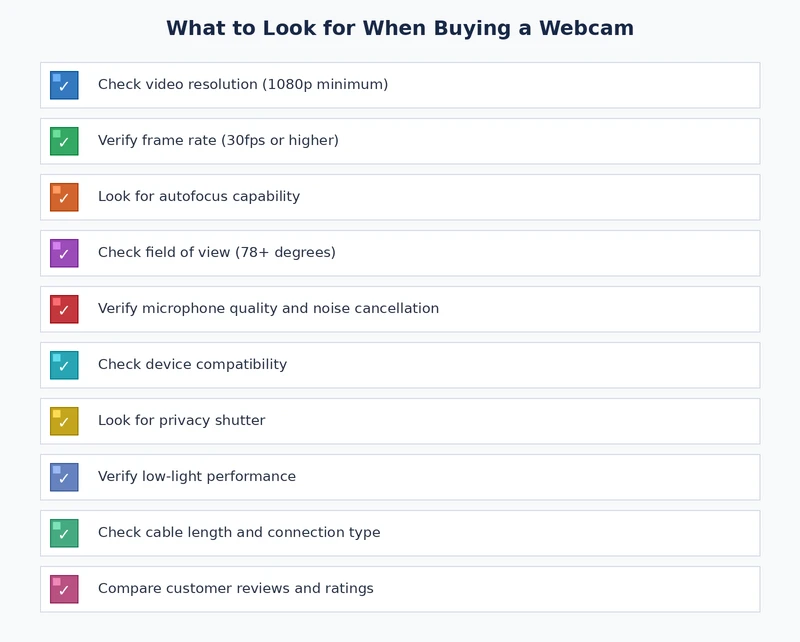 Webcam buying checklist covering resolution, frame rate, FOV, autofocus, audio, and connectivity