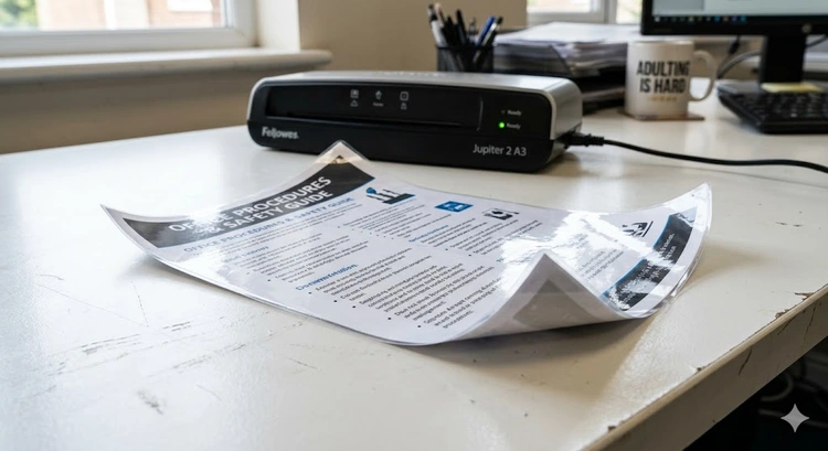Close-up of a laminated document curling upward at the corners on a white desk surface. A laminator machine is visible in the background, showing the common frustration of curled lamination results.