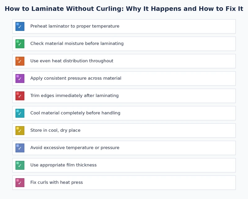 Checklist of steps to prevent laminator curl before and after each lamination session