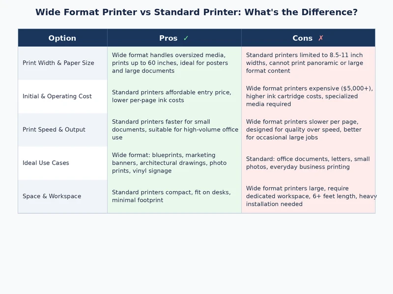 wide format printer vs standard printer feature comparison table showing media types, cost tiers, and recommended use cases