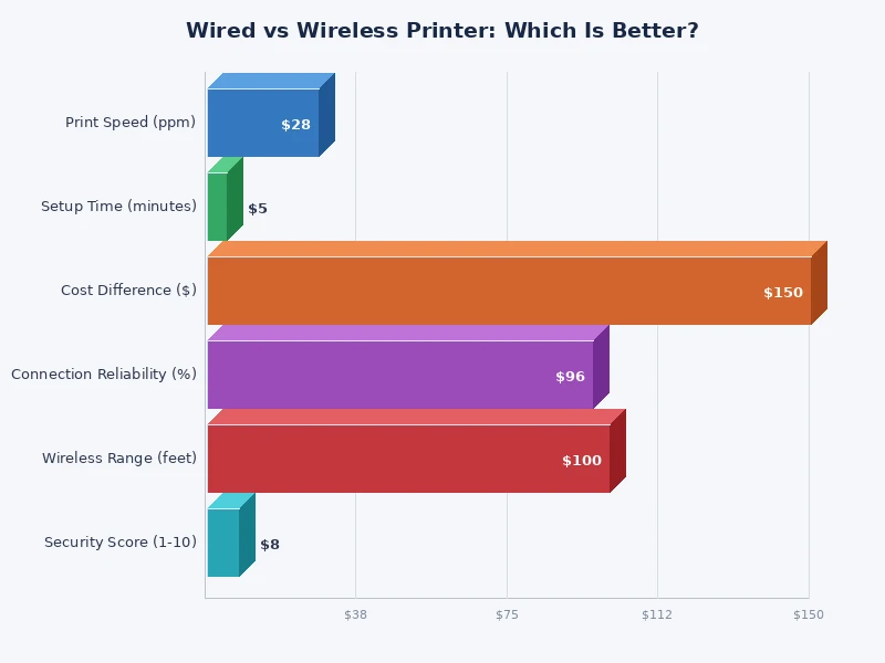 Bar chart comparing wired vs wireless printer speed, setup time, and security scores
