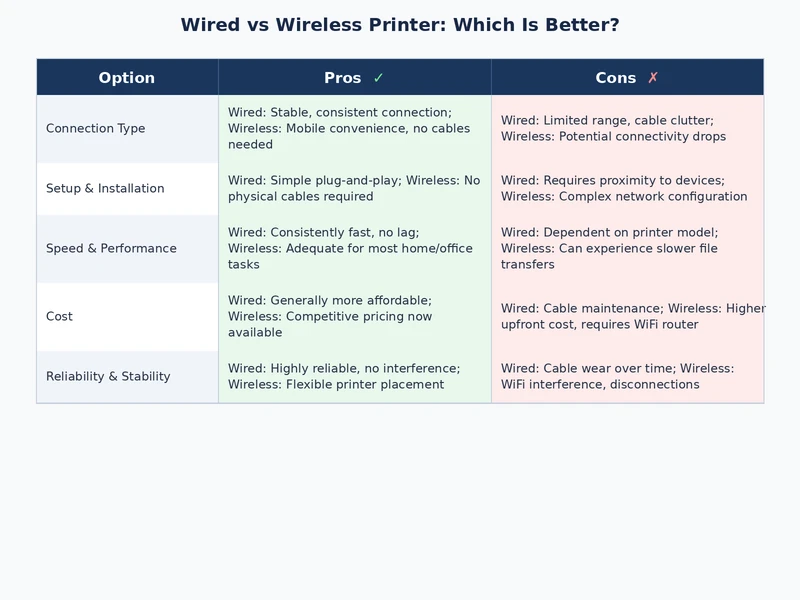 Side-by-side comparison infographic of wired vs wireless printer pros and cons