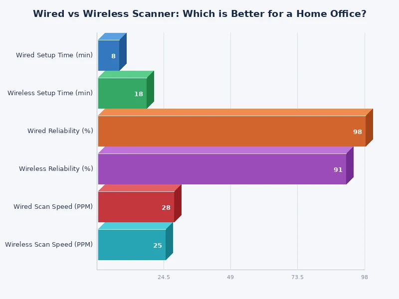 bar chart comparing wired and wireless scanner speed and reliability scores
