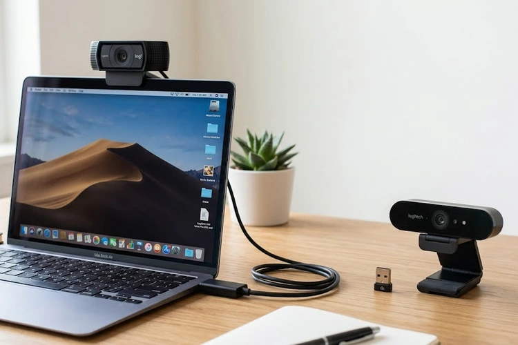 Two webcams on a desk: one with a visible USB cable running to a laptop, and one standalone wireless webcam with a small USB dongle. Clean minimal background.