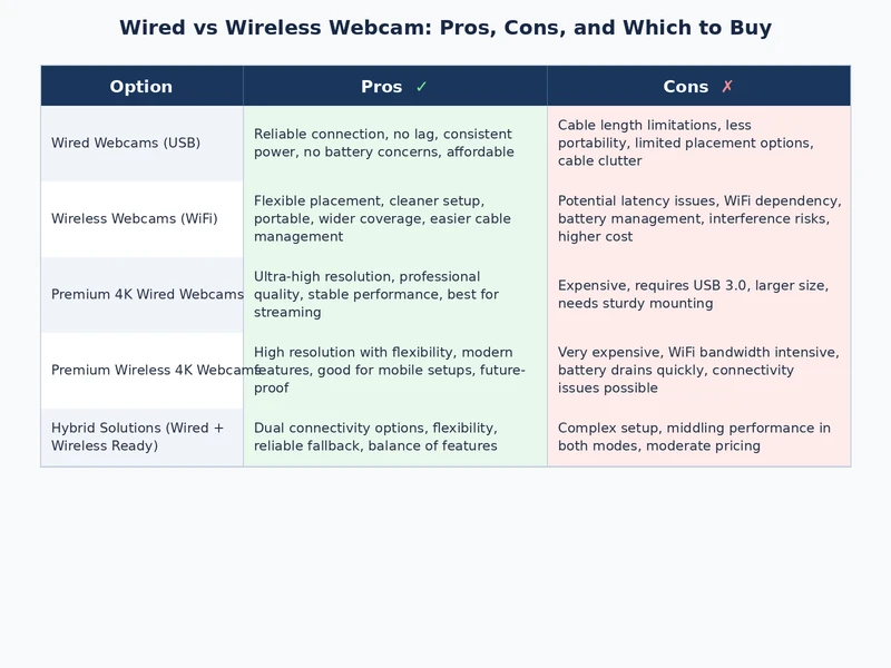 Wired vs wireless webcam comparison table graphic showing key differences