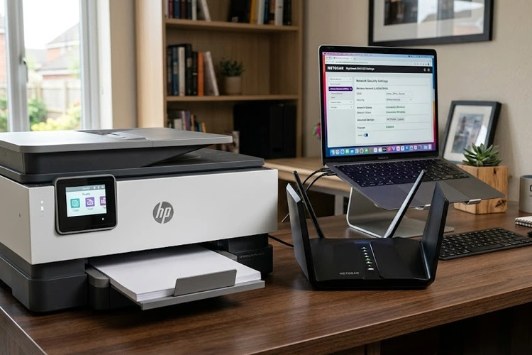 wireless printer security tips for home networks showing router and printer setup