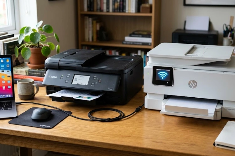 Wireless printer vs wired printer side by side comparison on a desk