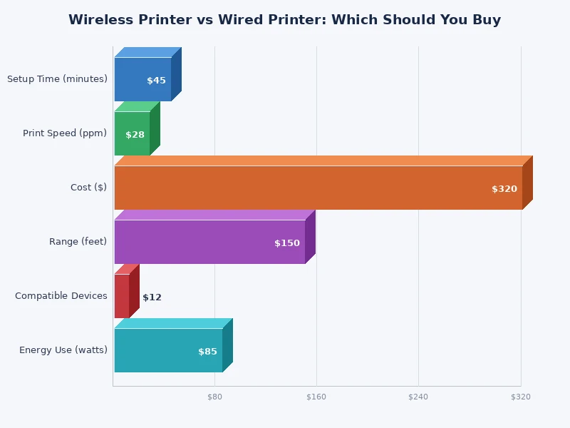 Bar chart comparing wireless vs wired printer features including speed, setup ease, security, and cost
