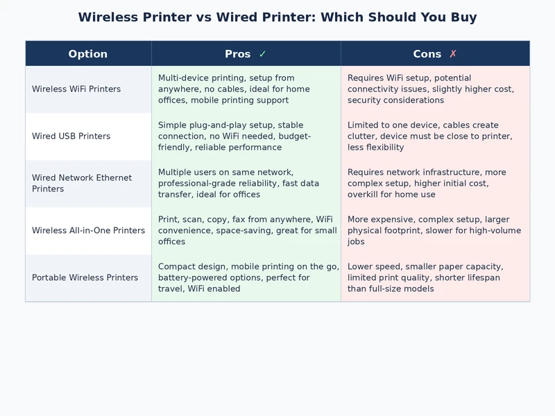 Comparison table graphic showing wireless printer vs wired printer rated across setup, sharing, security, and mobility
